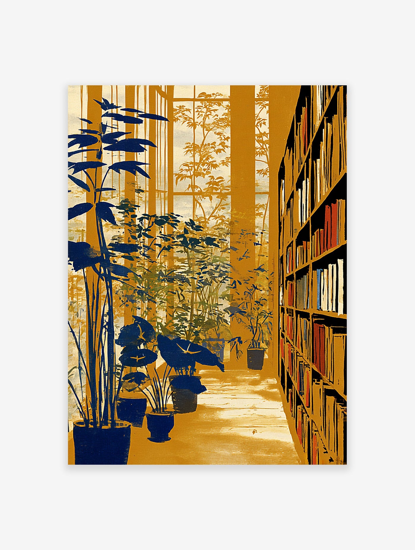 Botanical Library Wall Art print showing an indoor garden with blue plants, tall windows, and a golden bookshelf filled with books.