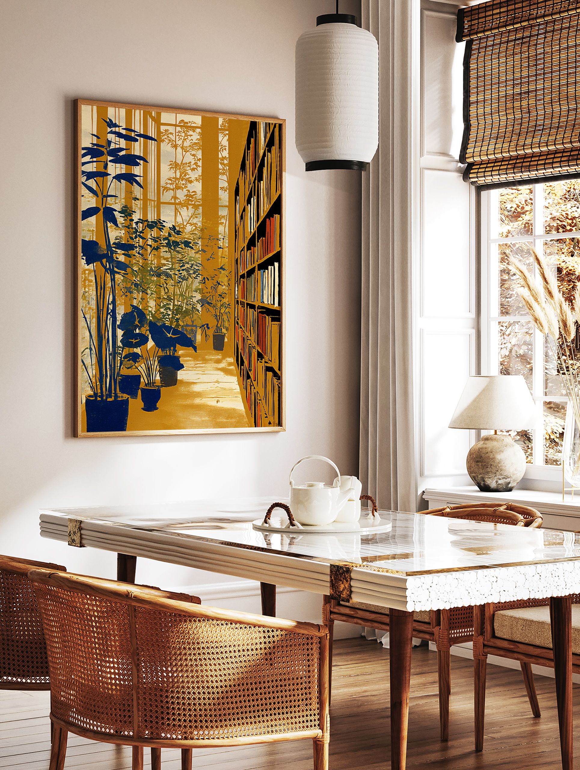 Botanical Library Wall Art print showing an indoor garden with blue plants, tall windows, and a golden bookshelf filled with books. - Image 2