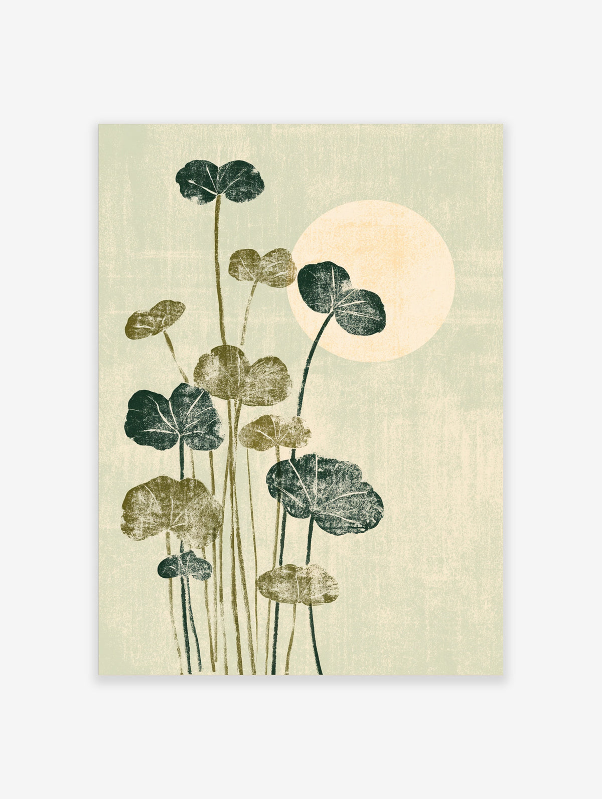 Botanical lily pad art print with green leaves, tall stems, and pale moon on sage background
