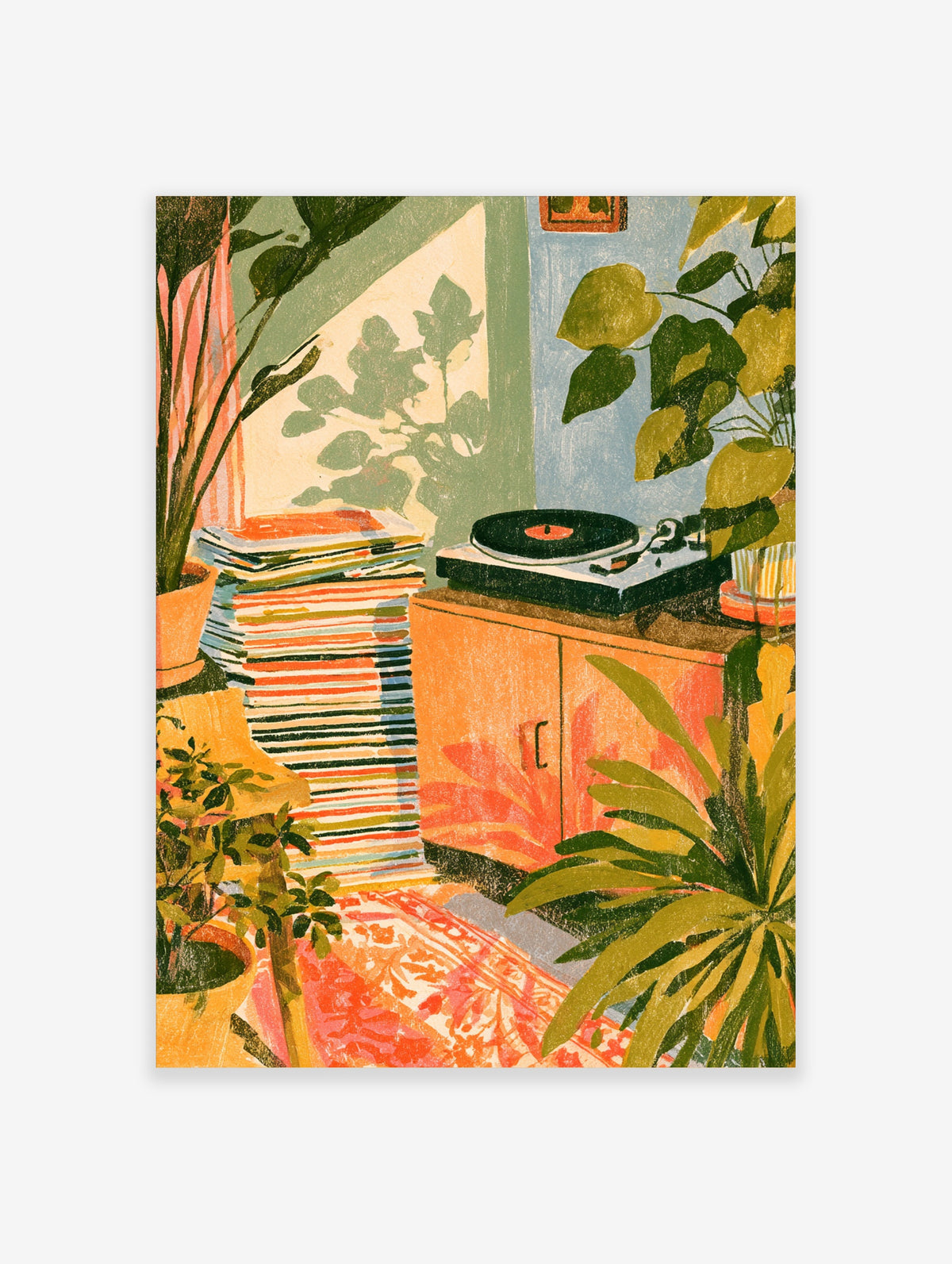 Botanical living room poster with retro record player, vinyl stack and houseplants in green and orange