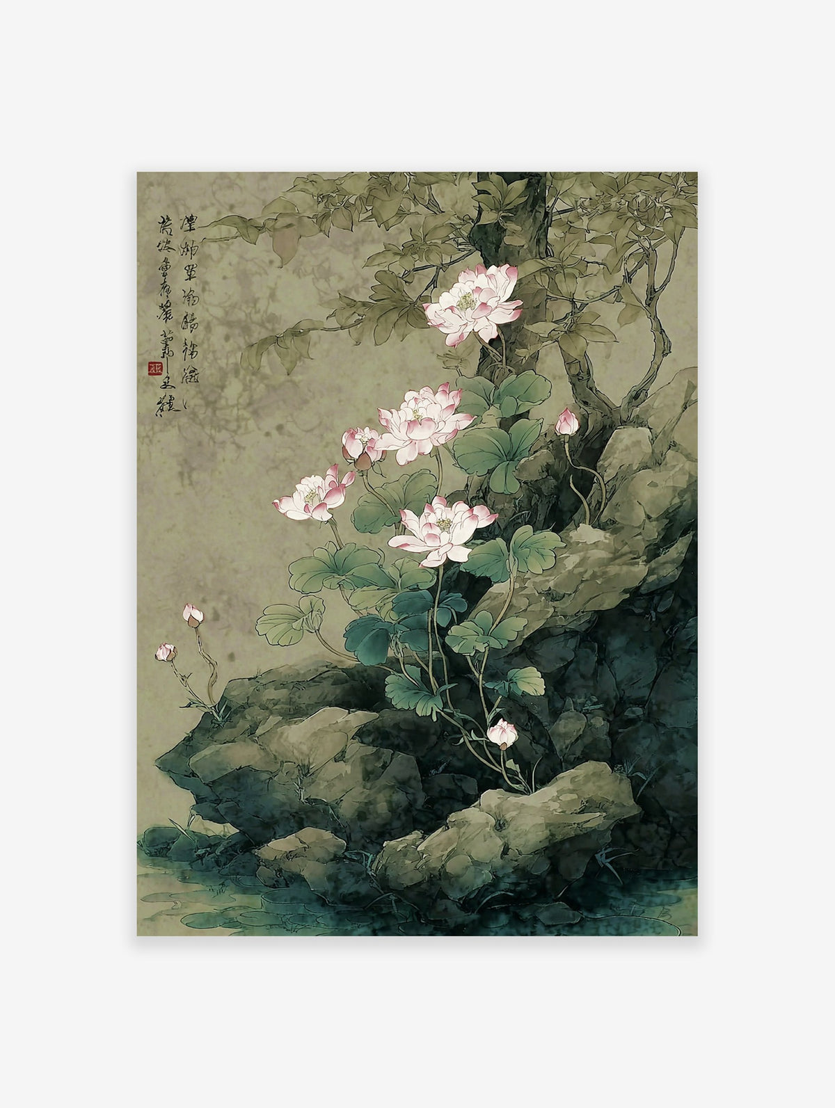 Traditional Chinese botanical lotus painting with pink flowers, green leaves, and grey rocks by a calm body of water.