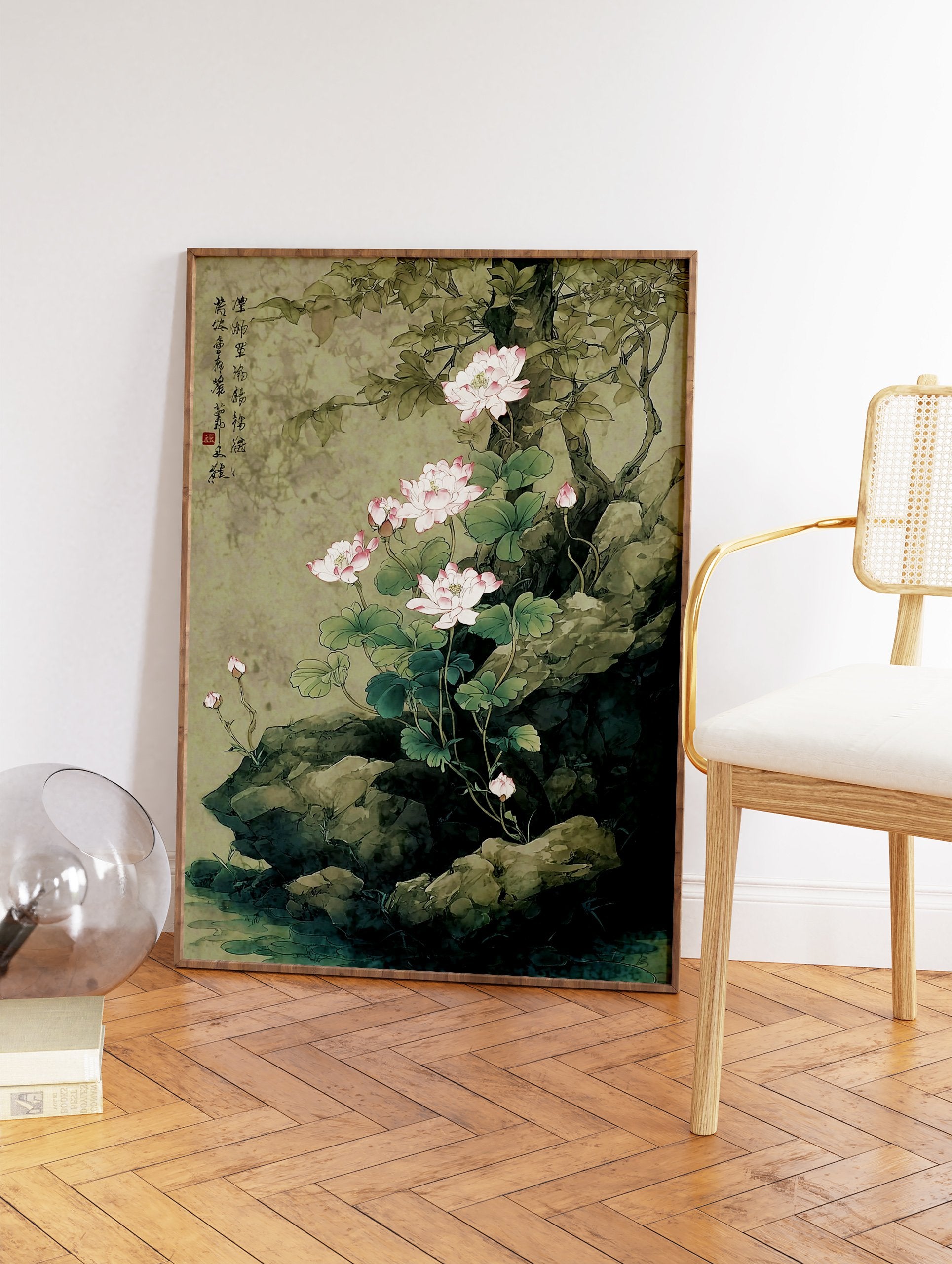 Traditional Chinese botanical lotus painting with pink flowers, green leaves, and grey rocks by a calm body of water. - Image 2