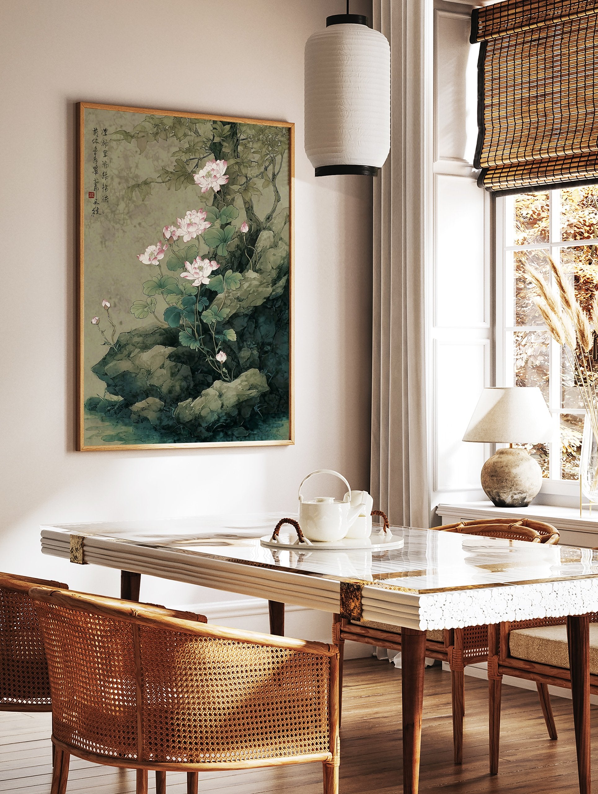 Traditional Chinese botanical lotus painting with pink flowers, green leaves, and grey rocks by a calm body of water. - Image 3