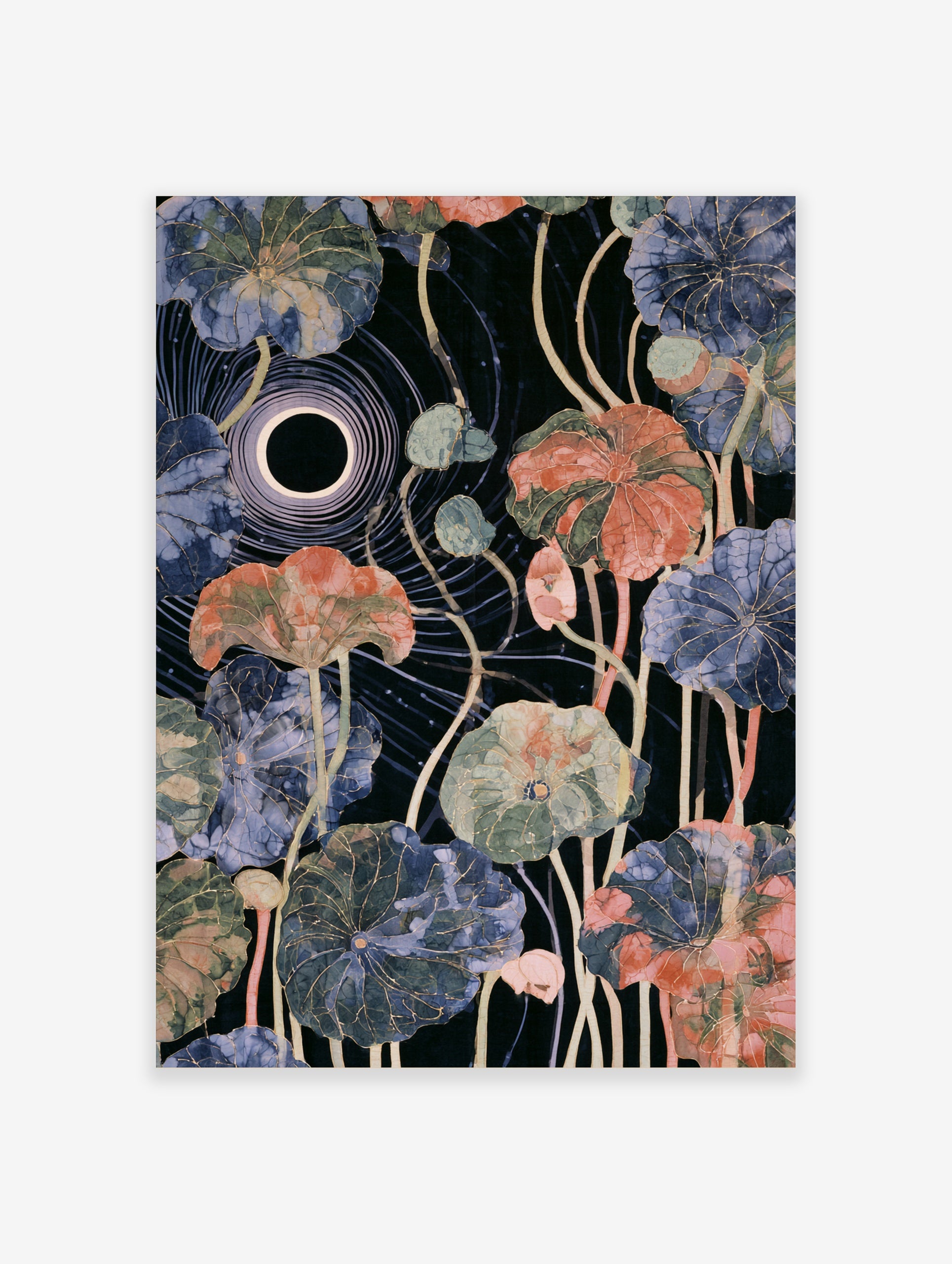 Botanical lotus leaf art print with celestial eclipse motif and gold veins on dark background