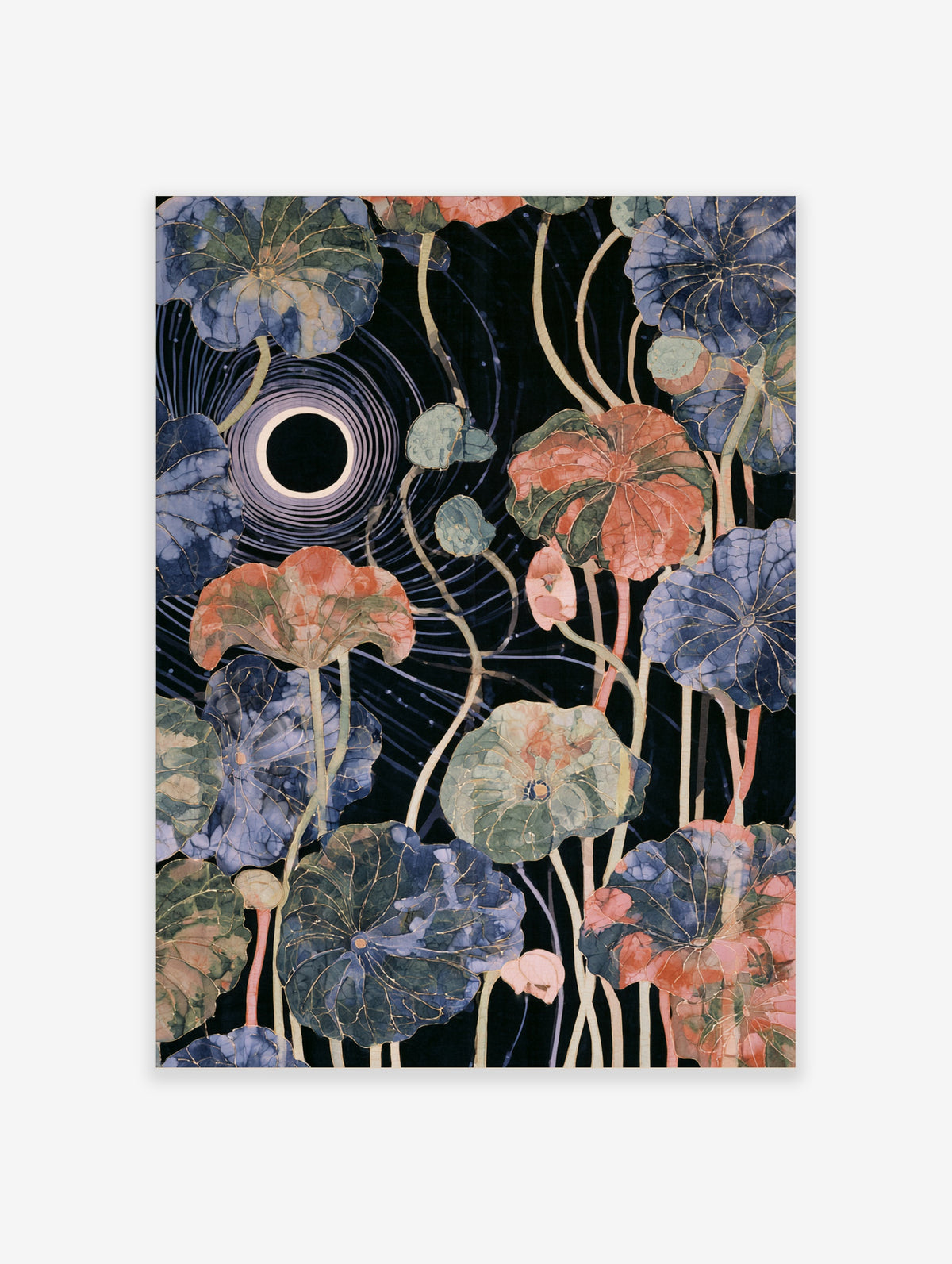 Botanical lotus leaf art print with celestial eclipse motif and gold veins on dark background