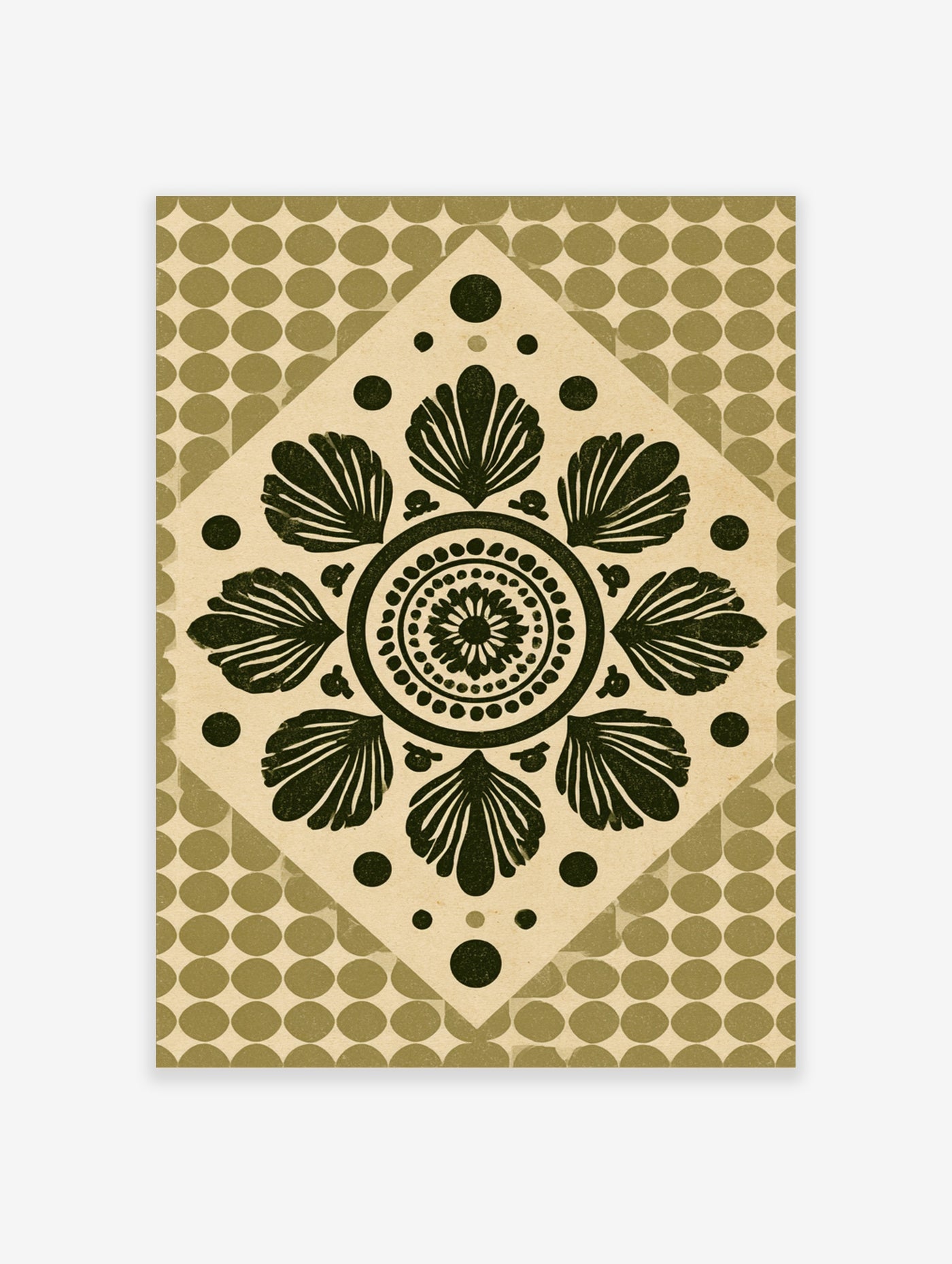 Dark green botanical mandala with stylized leaves on beige dotted background, geometric flower wall art