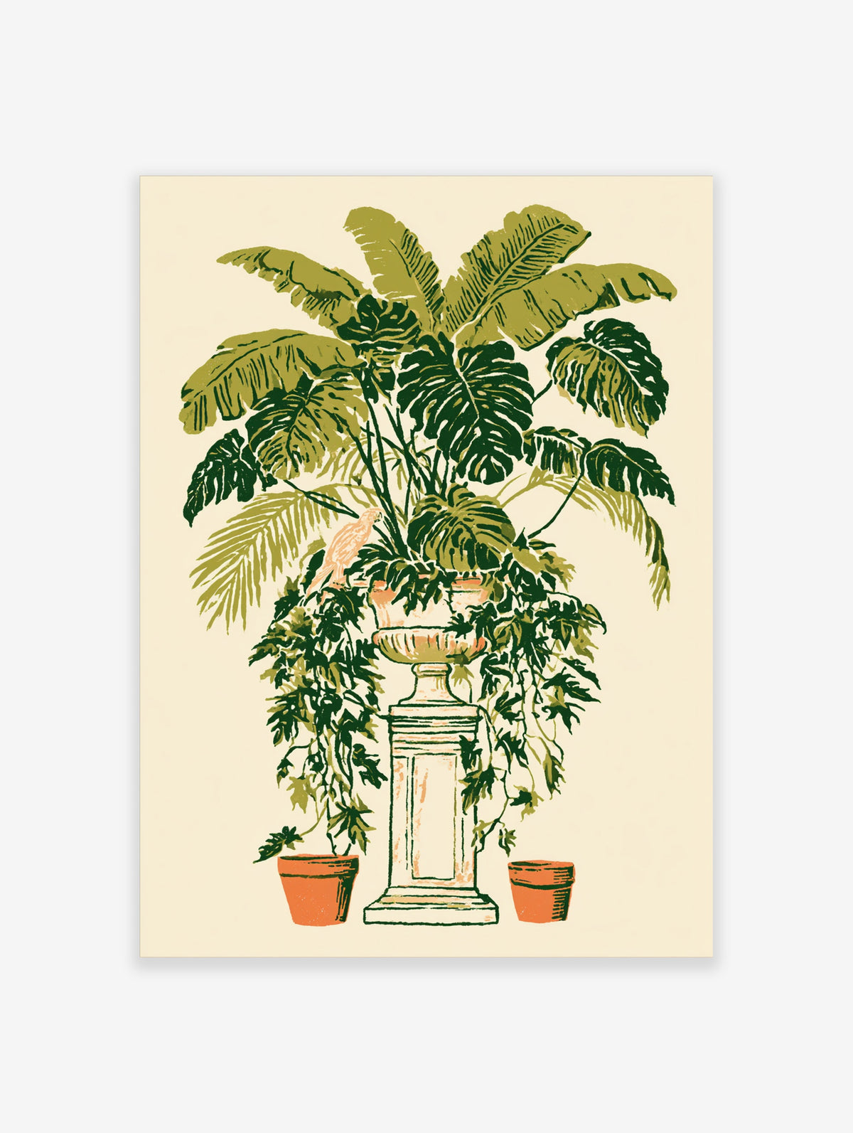 Botanical poster of monstera and palm leaves in a classical urn with a parrot and trailing ivy on cream