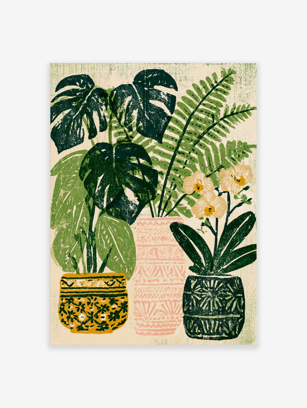 Botanical art print of monstera leaves, fern and orchids in patterned pots on cream background