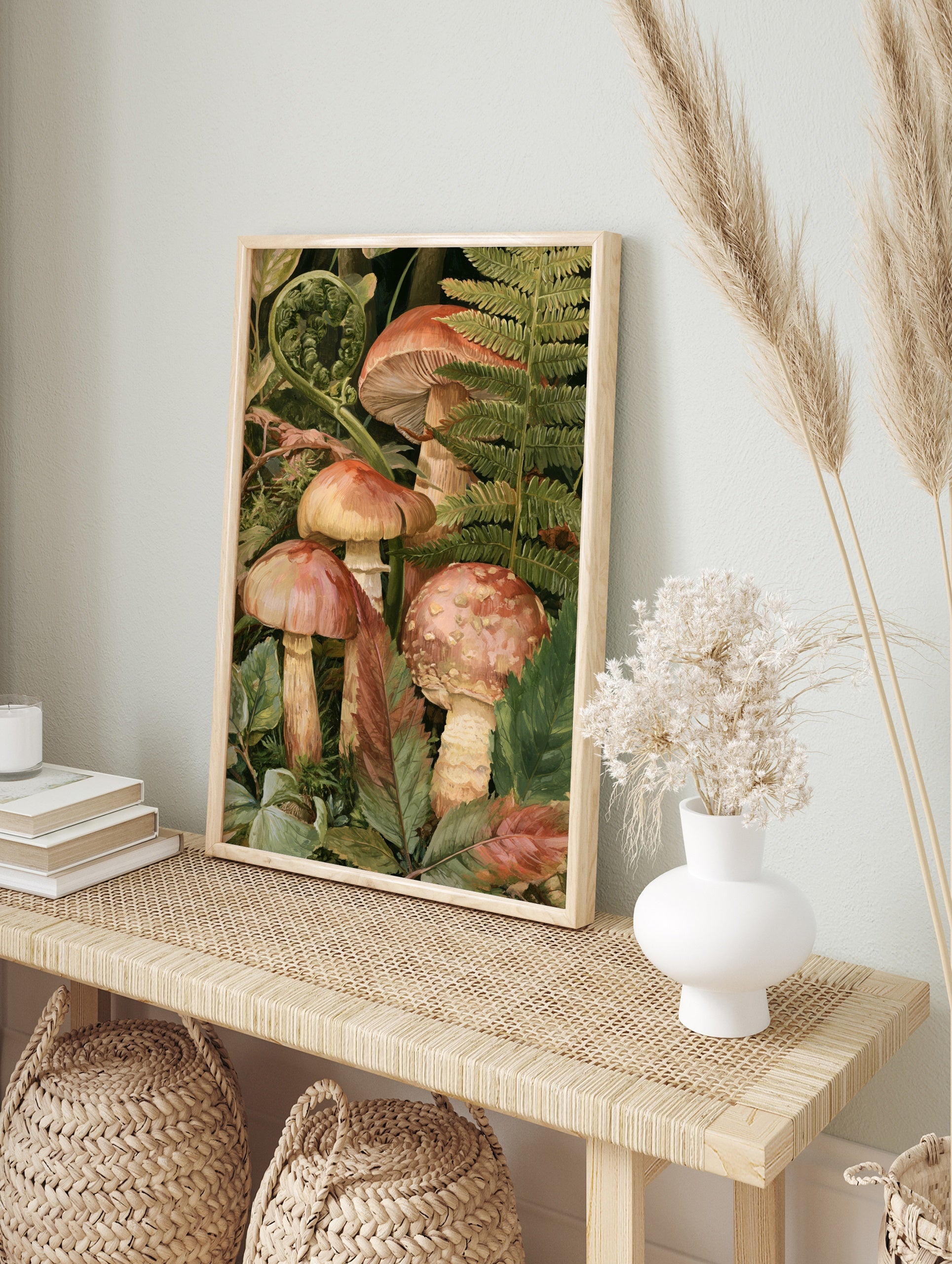 Detailed botanical illustration of mushrooms and ferns on a dark background, earthy tones, in an alternate framed mockup
