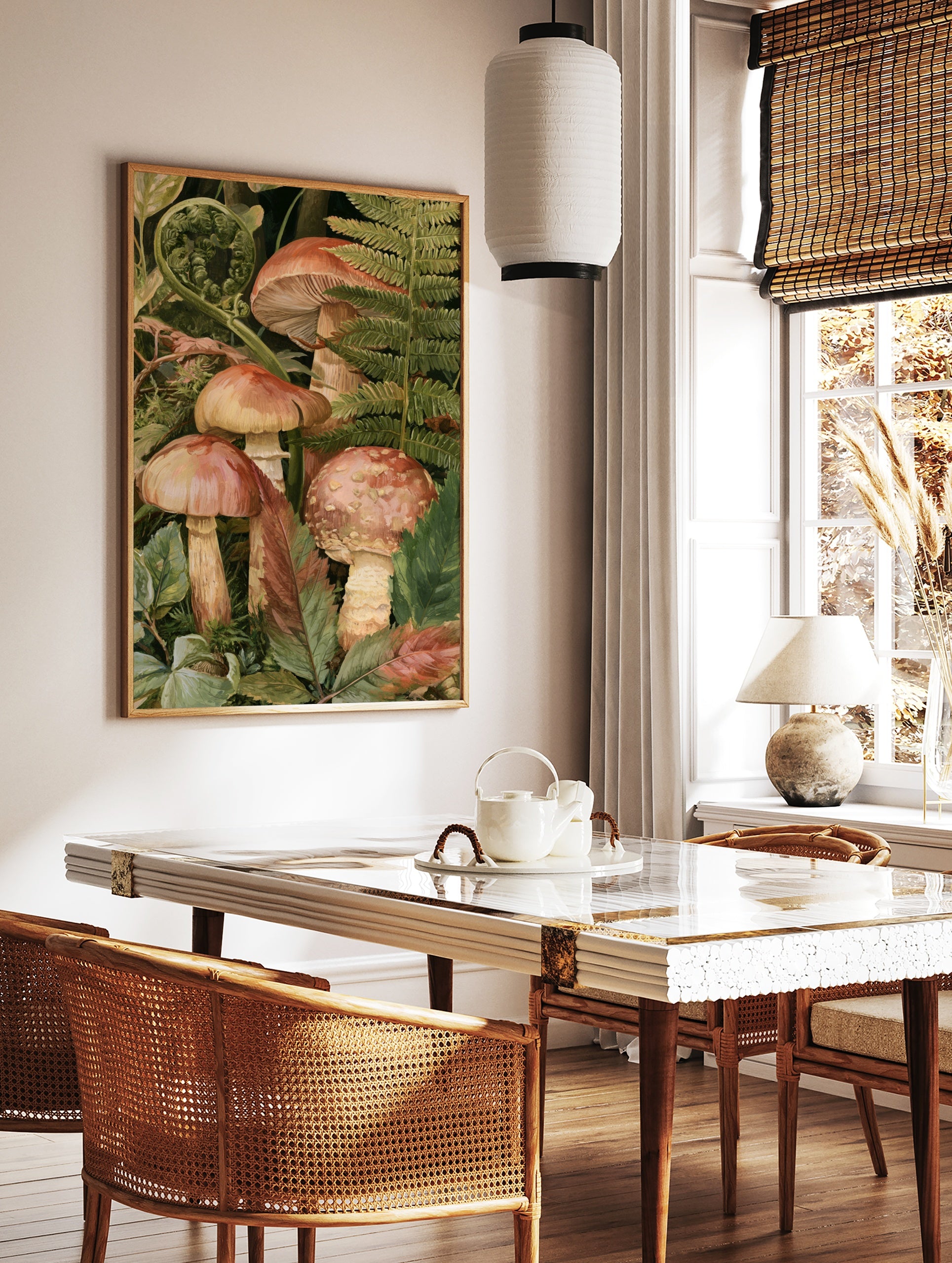 Detailed botanical illustration of mushrooms and ferns on a dark background, earthy tones, forest, in a styled room mockup