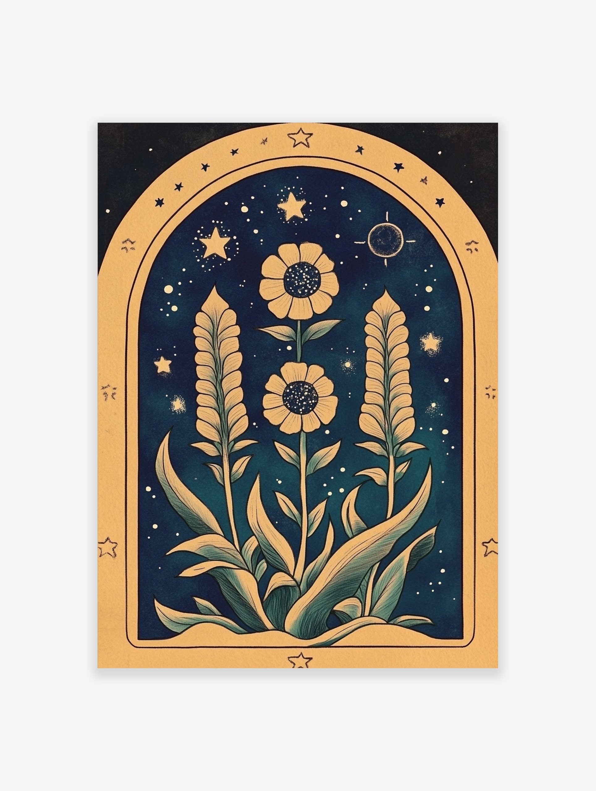 Botanical night garden illustration with yellow flowers, tall feathery leaves, stars, and moon on a deep blue background