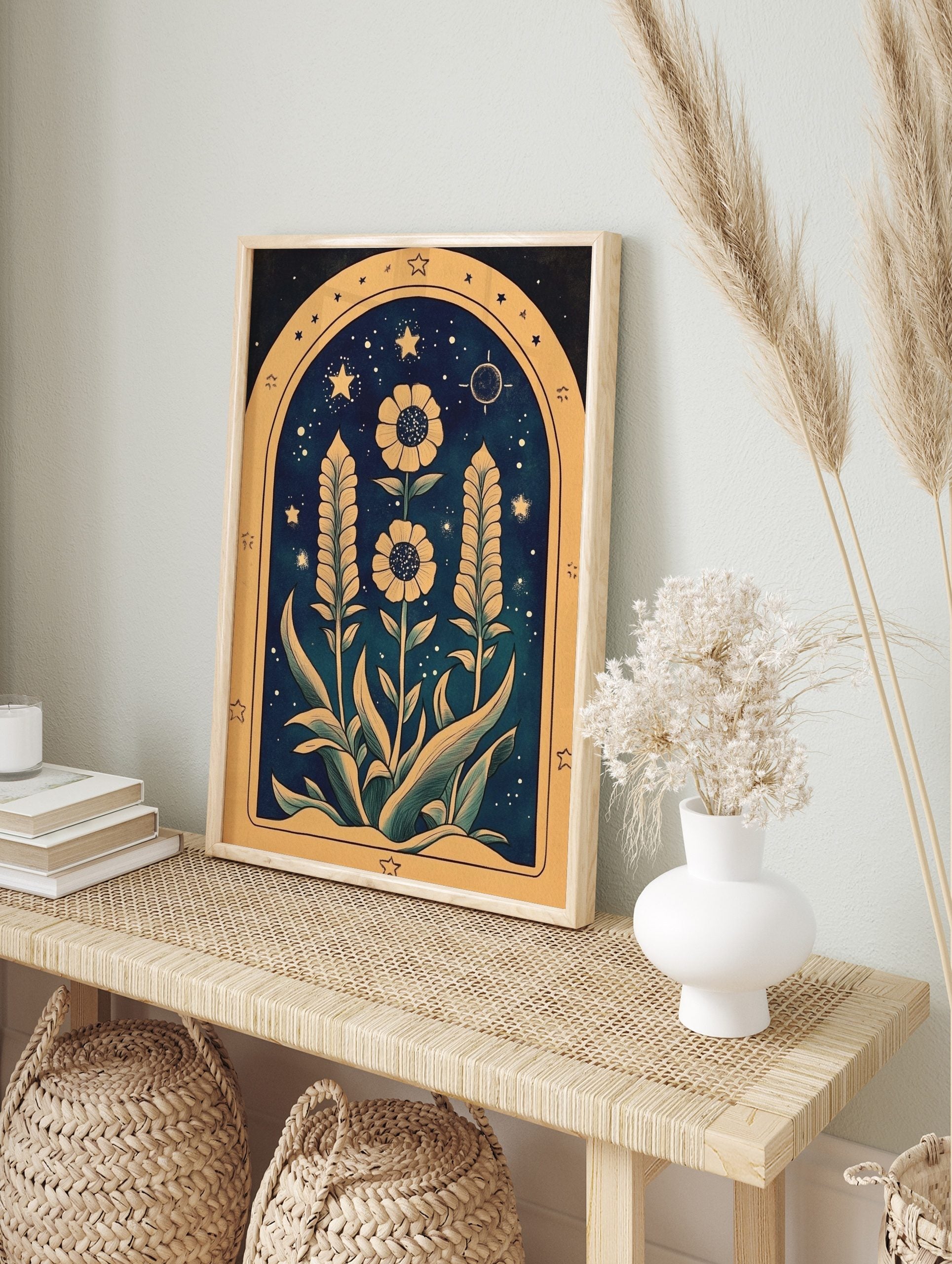 Botanical night garden illustration with yellow flowers, tall feathery leaves, stars, and, in an alternate framed mockup