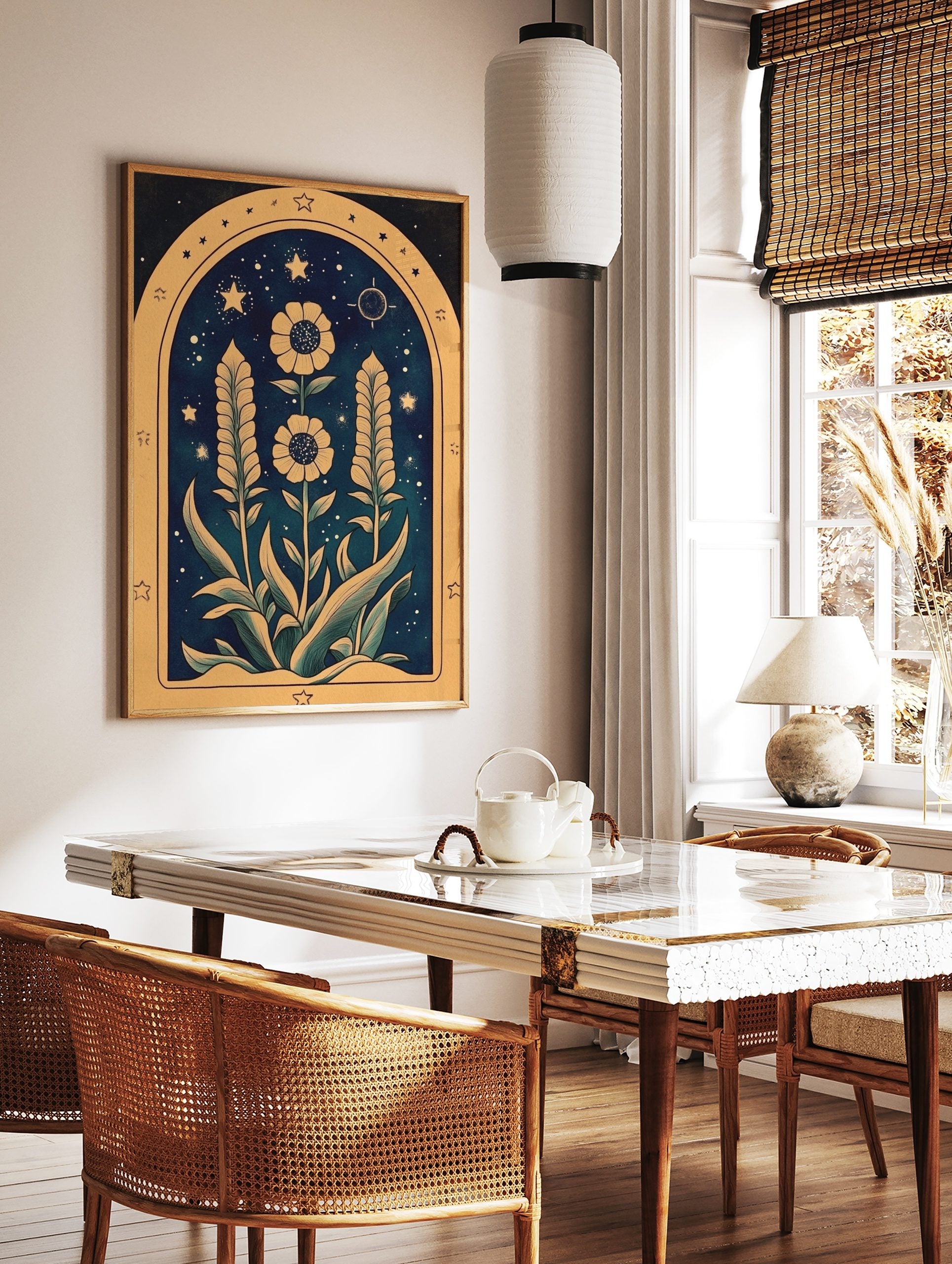 Botanical night garden illustration with yellow flowers, tall feathery leaves, stars, and moon on a, in a styled room mockup