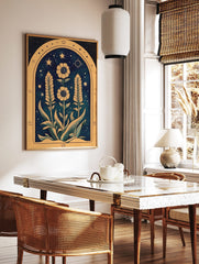 Botanical night garden illustration with yellow flowers, tall feathery leaves, stars, and moon on a, in a styled room mockup