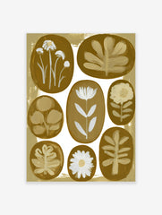Botanical wall art print with eight oval floral and leaf illustrations in white against a warm gold background