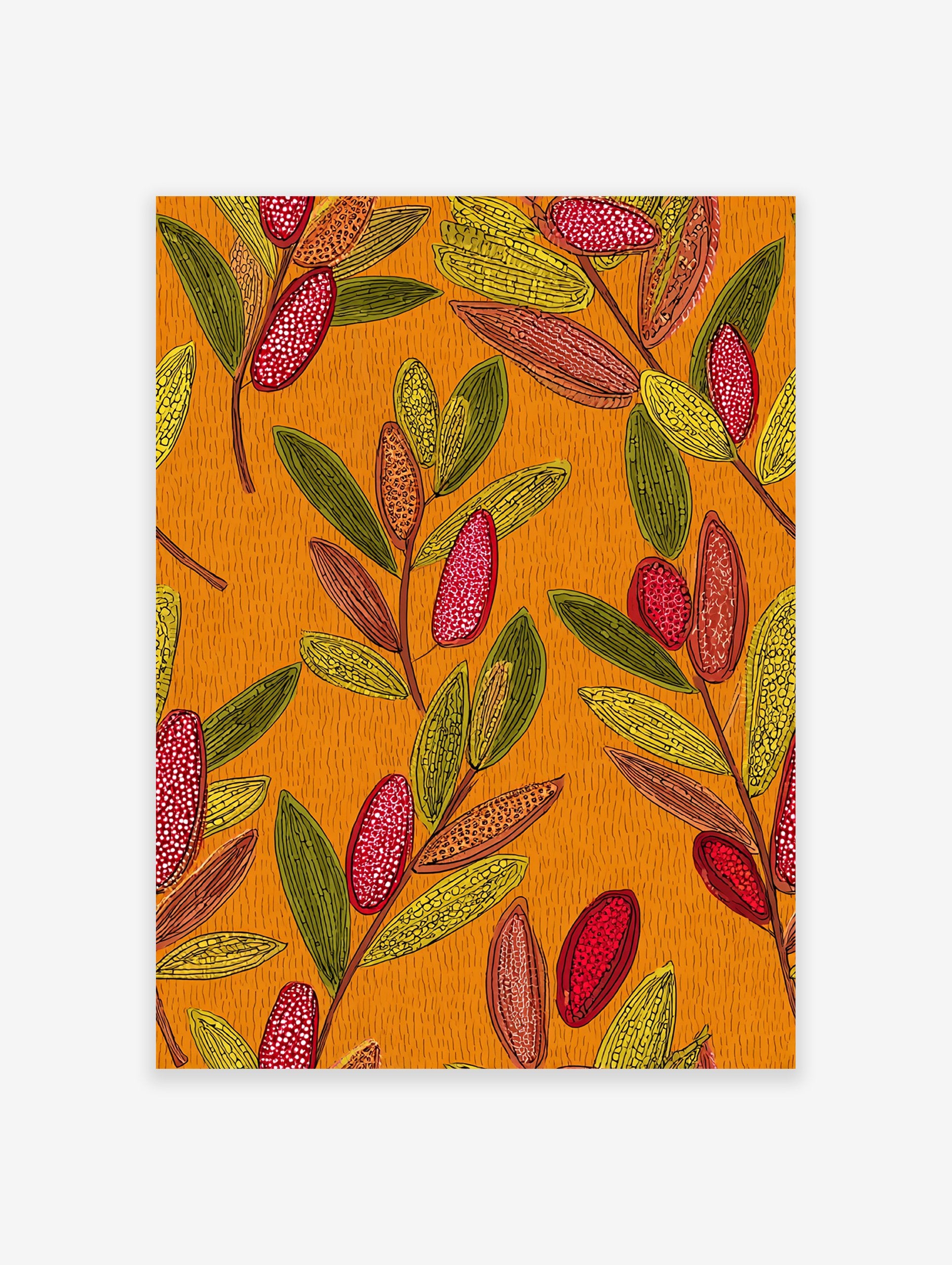 Vibrant botanical pattern wall art with stylized green, yellow, and red leaves and seed pods on an orange textured background.