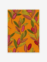 Vibrant botanical pattern wall art with stylized green, yellow, and red leaves and seed pods on an orange textured background.