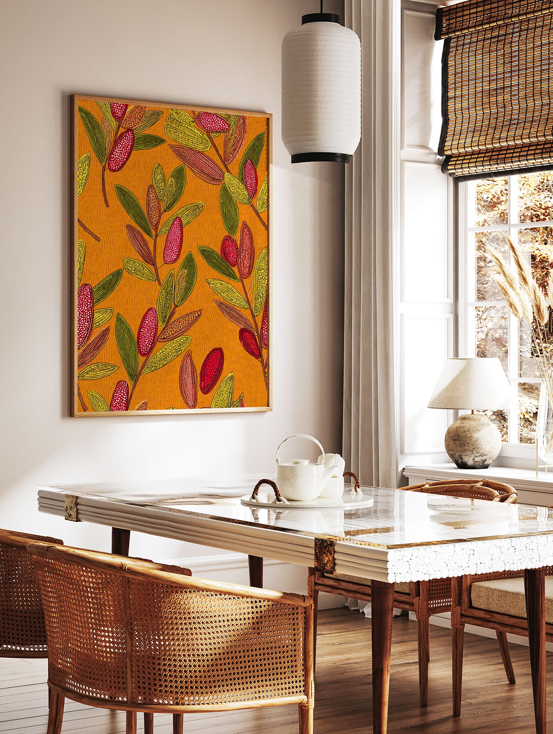 Vibrant botanical pattern wall art with stylized green, yellow, and red leaves and seed pods on an orange textured background. - Image 2