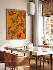 Vibrant botanical pattern wall art with stylized green, yellow, and red leaves and seed pods on an orange textured background. - Image 2