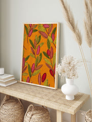 Vibrant botanical pattern wall art with stylized green, yellow, and red leaves and seed pods on an orange textured background. - Image 3