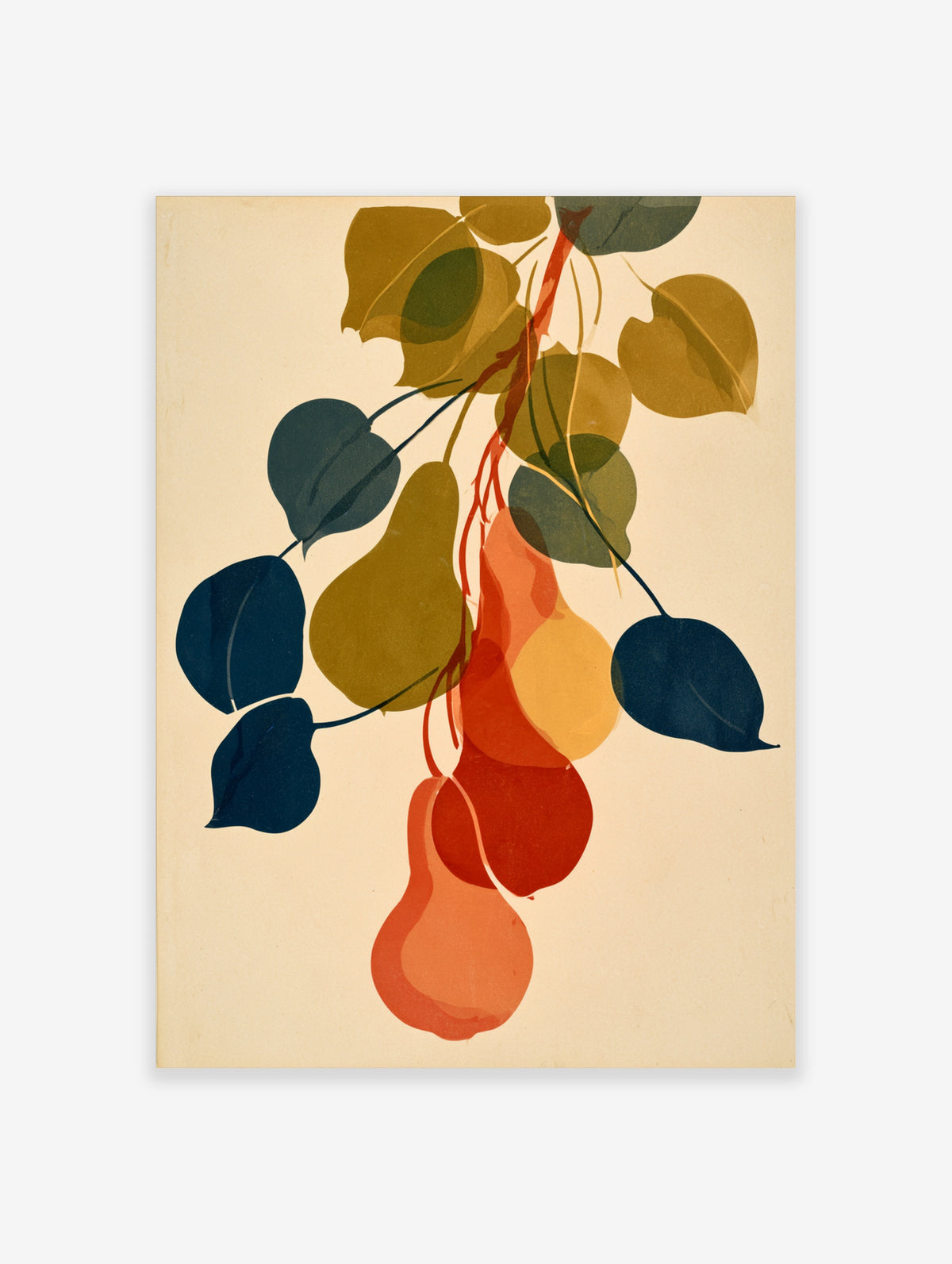 Botanical pear wall art illustration with overlapping navy, olive, and orange fruit shapes on cream background