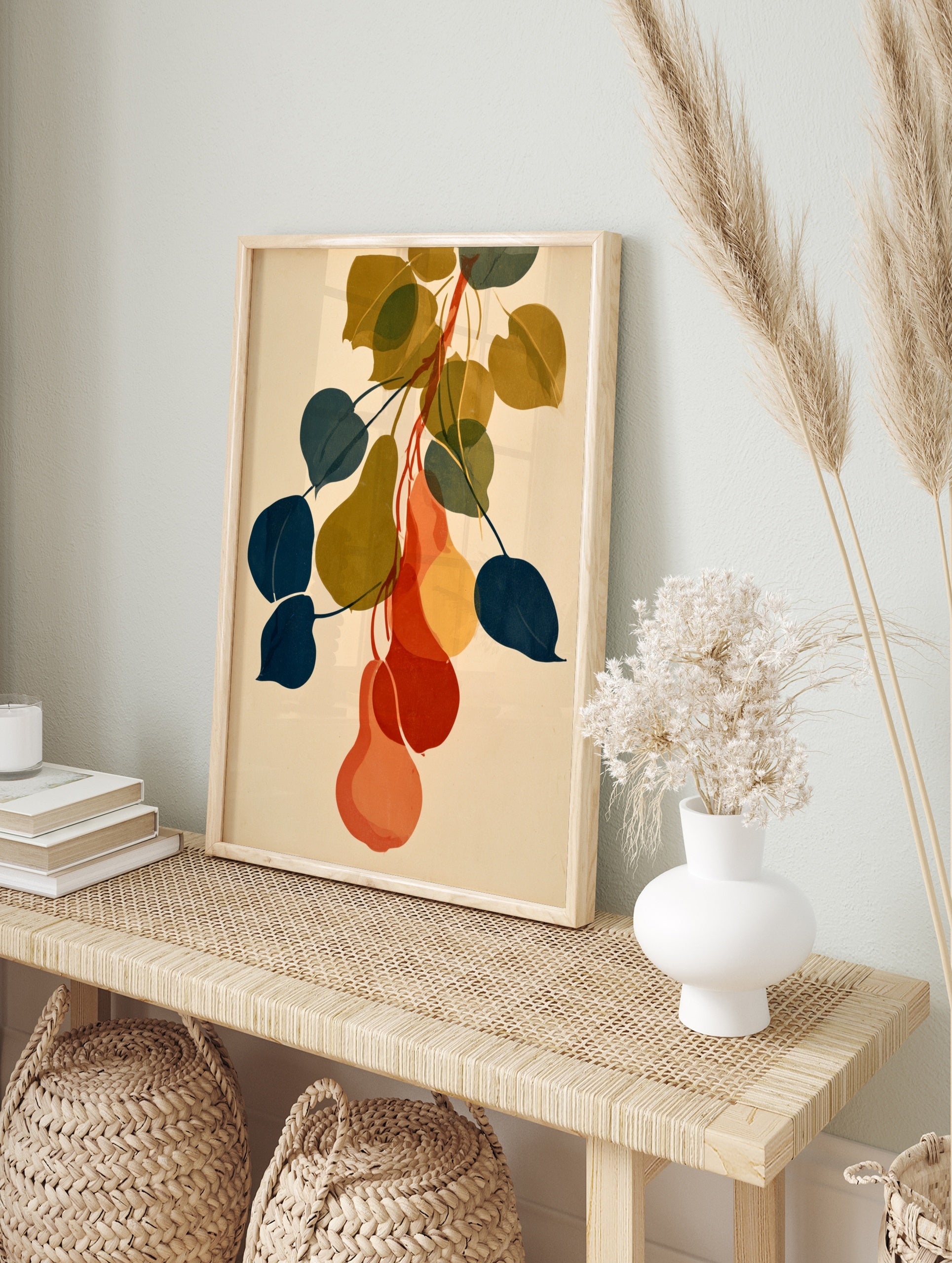 Botanical pear wall art illustration with overlapping navy, olive, and orange fruit shapes on, in an alternate framed mockup