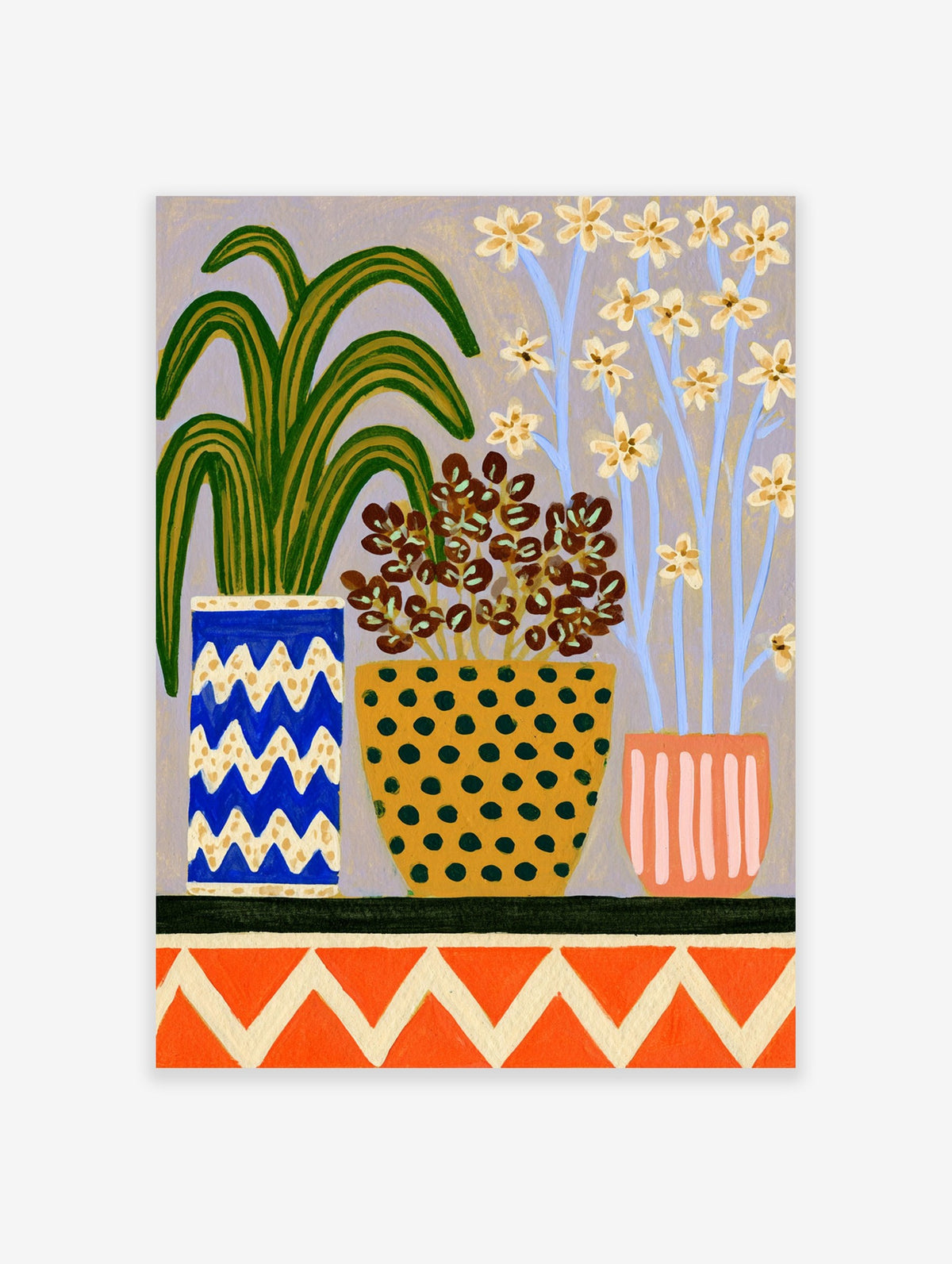 Botanical plant print with three pots, including white flowers and green foliage, on a lavender background with geometric