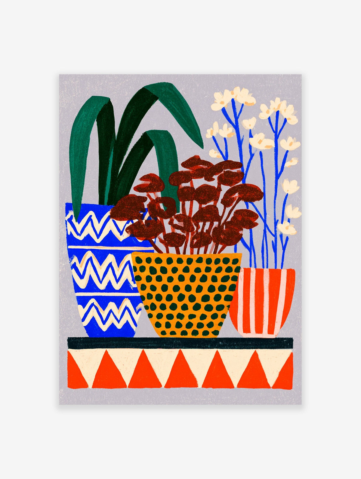 Illustrative botanical wall art print featuring three potted plants on a geometric orange and white patterned shelf