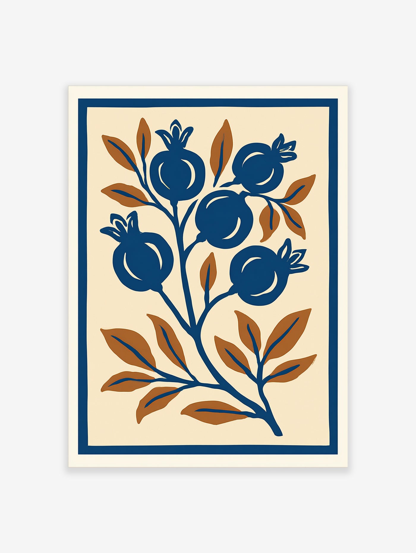 Botanical pomegranate print with blue fruit and brown leaves on a cream background, illustrative style wall art