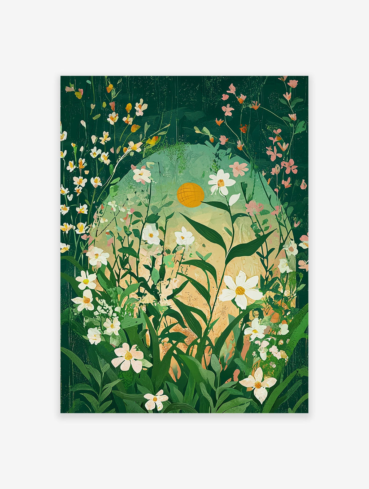 Green botanical poster of a vibrant floral meadow with white and pink flowers and a yellow sun-like orb.