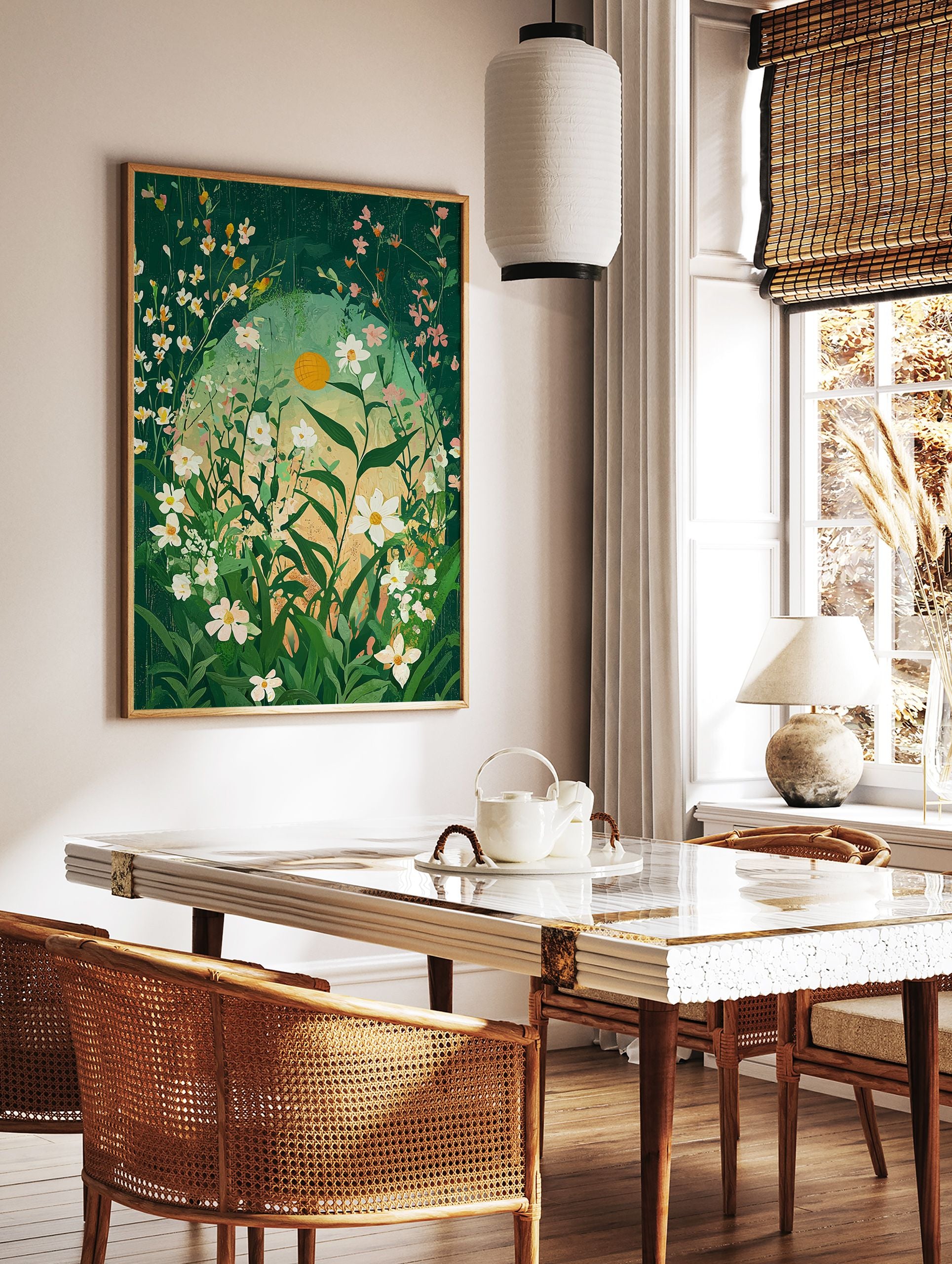 Green botanical poster of a vibrant floral meadow with white and pink flowers and a yellow sun-like orb. - Image 2