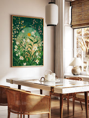 Green botanical poster of a vibrant floral meadow with white and pink flowers and a yellow sun-like orb. - Image 2