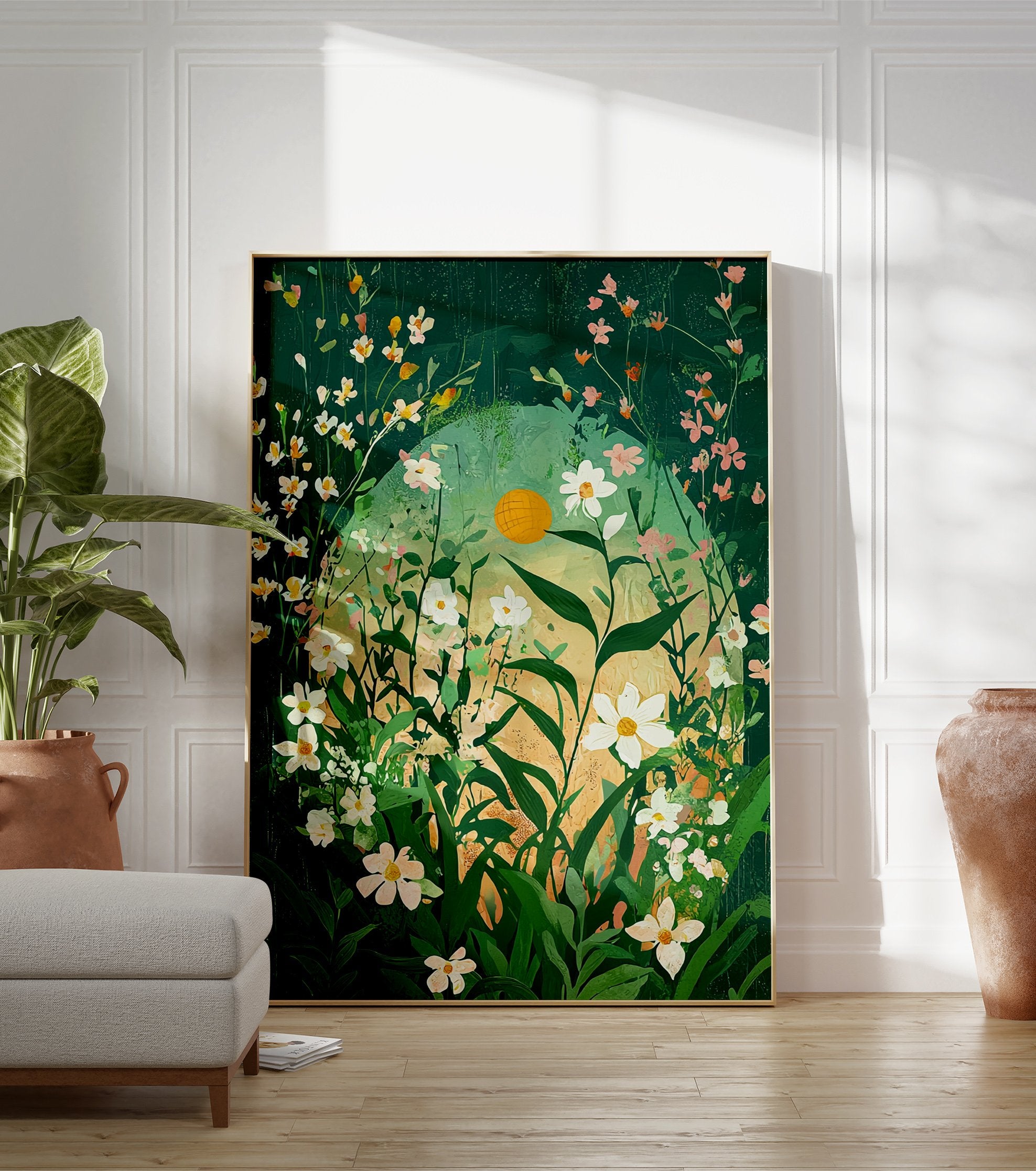 Green botanical poster of a vibrant floral meadow with white and pink flowers and a yellow sun-like orb. - Image 3