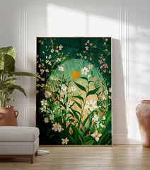 Green botanical poster of a vibrant floral meadow with white and pink flowers and a yellow sun-like orb. - Image 3