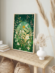 Green botanical poster of a vibrant floral meadow with white and pink flowers and a yellow sun-like orb. - Image 4