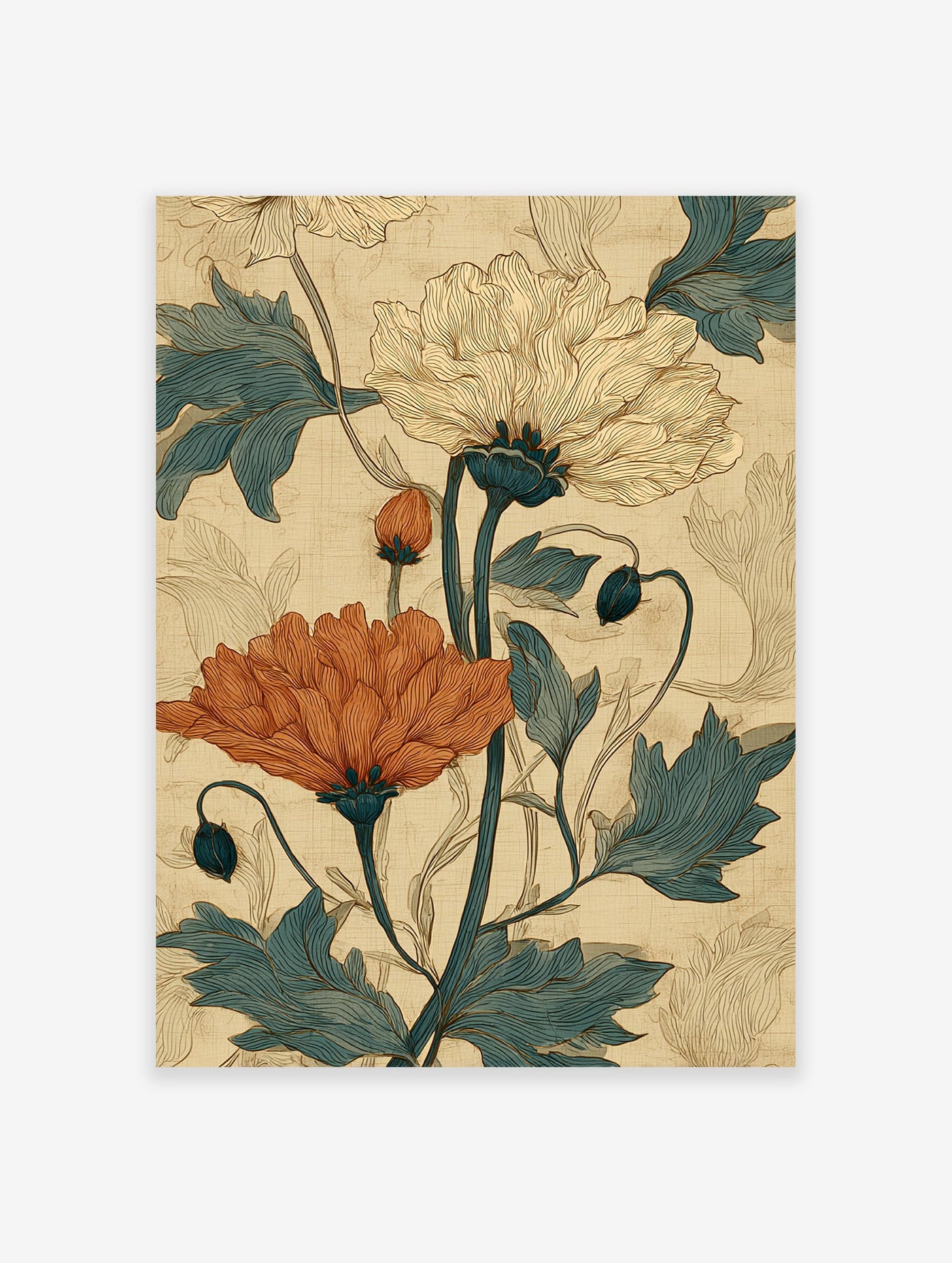 Botanical poster featuring large orange and cream flowers with teal leaves in a vintage illustration style on a textured beige background.