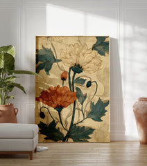 Botanical poster featuring large orange and cream flowers with teal leaves in a vintage illustration style on a textured beige background. - Image 3