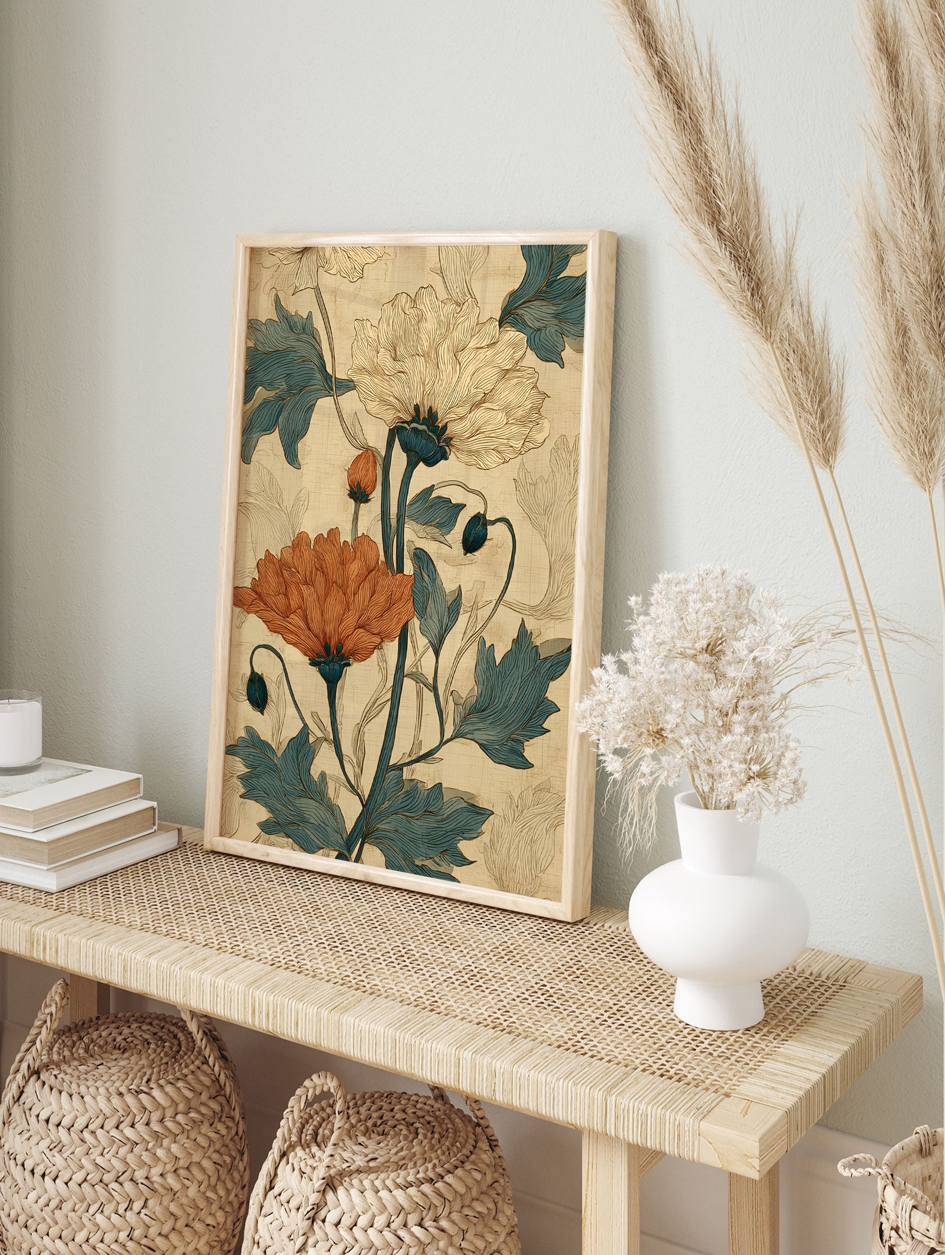 Botanical poster featuring large orange and cream flowers with teal leaves in a vintage illustration style on a textured beige background. - Image 4