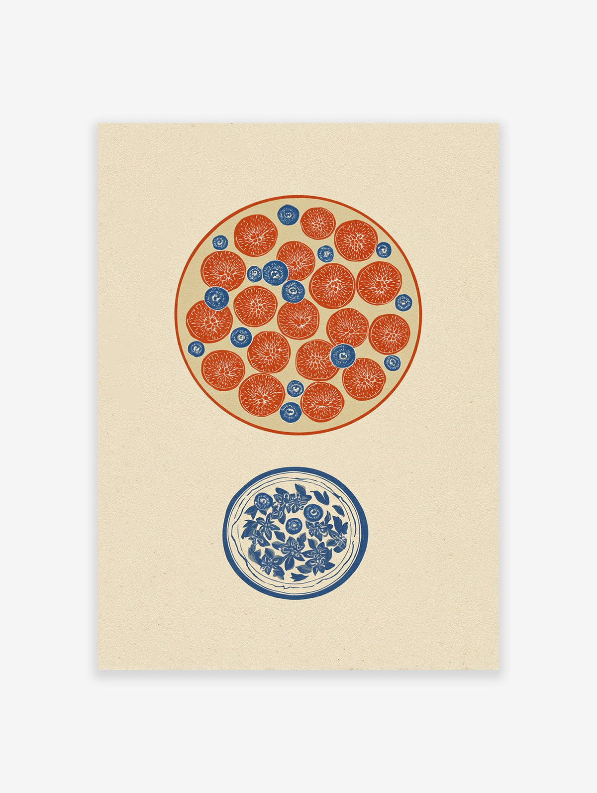Botanical fruit and flower illustration print with orange circles and blue berries/flowers on a light background