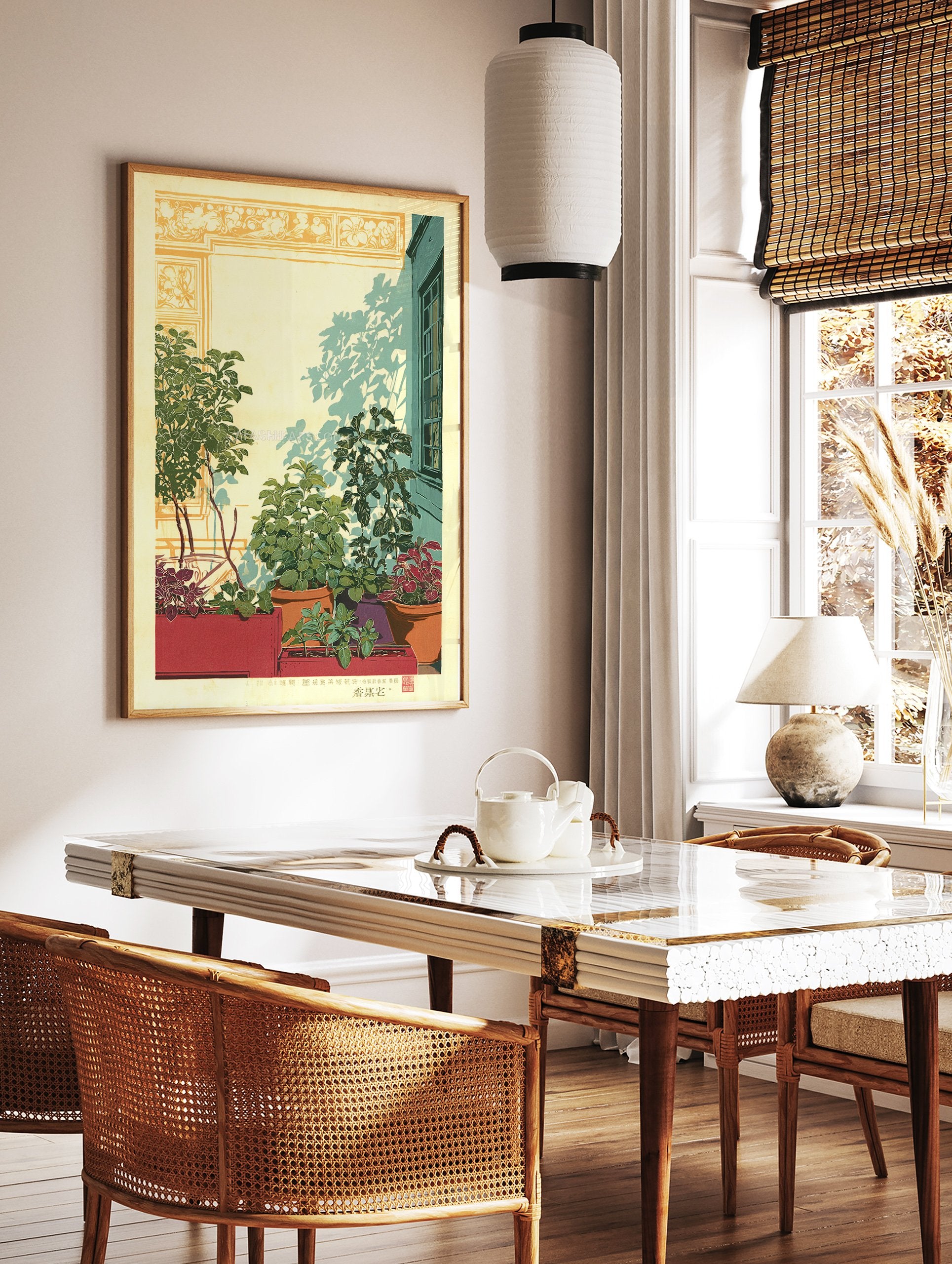 Botanical print of potted plants on a patio with strong shadows, featuring green foliage, red planters, and a blue window. - Image 2