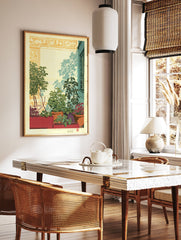Botanical print of potted plants on a patio with strong shadows, featuring green foliage, red planters, and a blue window. - Image 2