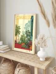 Botanical print of potted plants on a patio with strong shadows, featuring green foliage, red planters, and a blue window. - Image 3