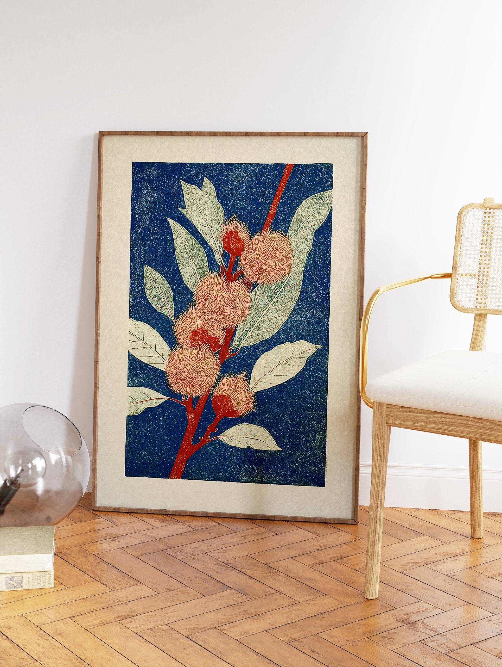Botanical print of a plant branch with red spiky flowers and green leaves on a deep blue background in woodcut style. - Image 2