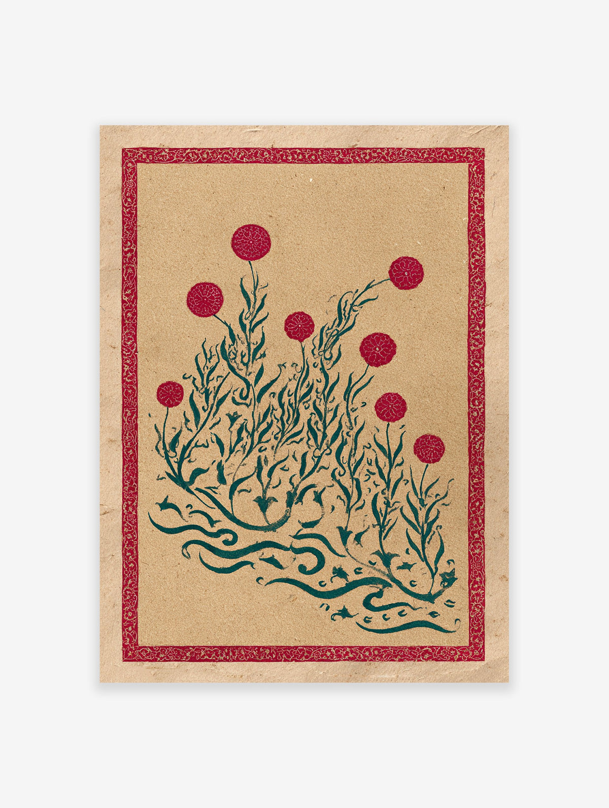 Red and green botanical print with stylized flowers and foliage, featuring a decorative red border, on textured kraft paper.