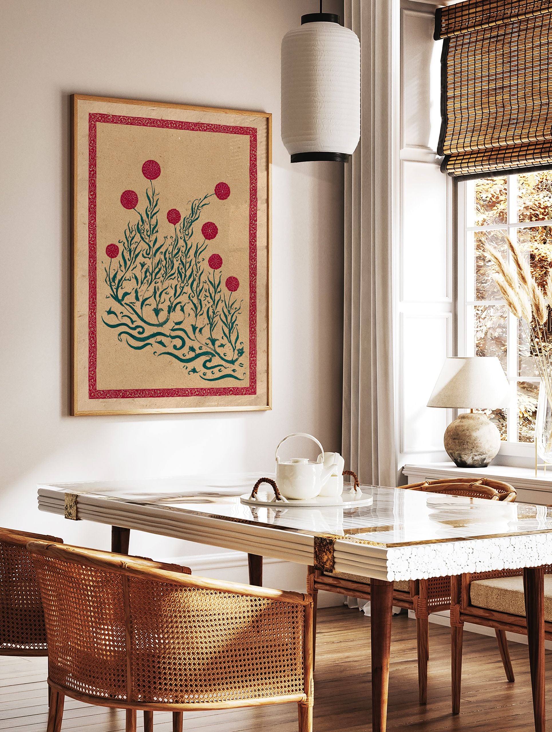 Red and green botanical print with stylized flowers and foliage, featuring a decorative red border, on textured kraft paper. - Image 2