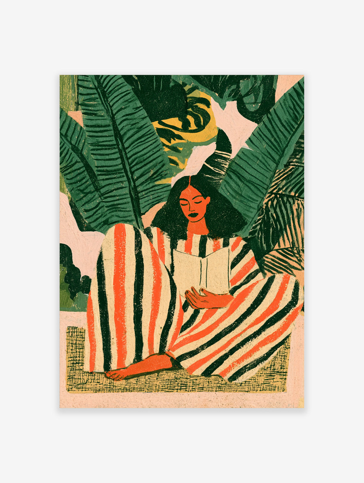 Woman in striped dress reading a book among large tropical leaves, colourful botanical art print