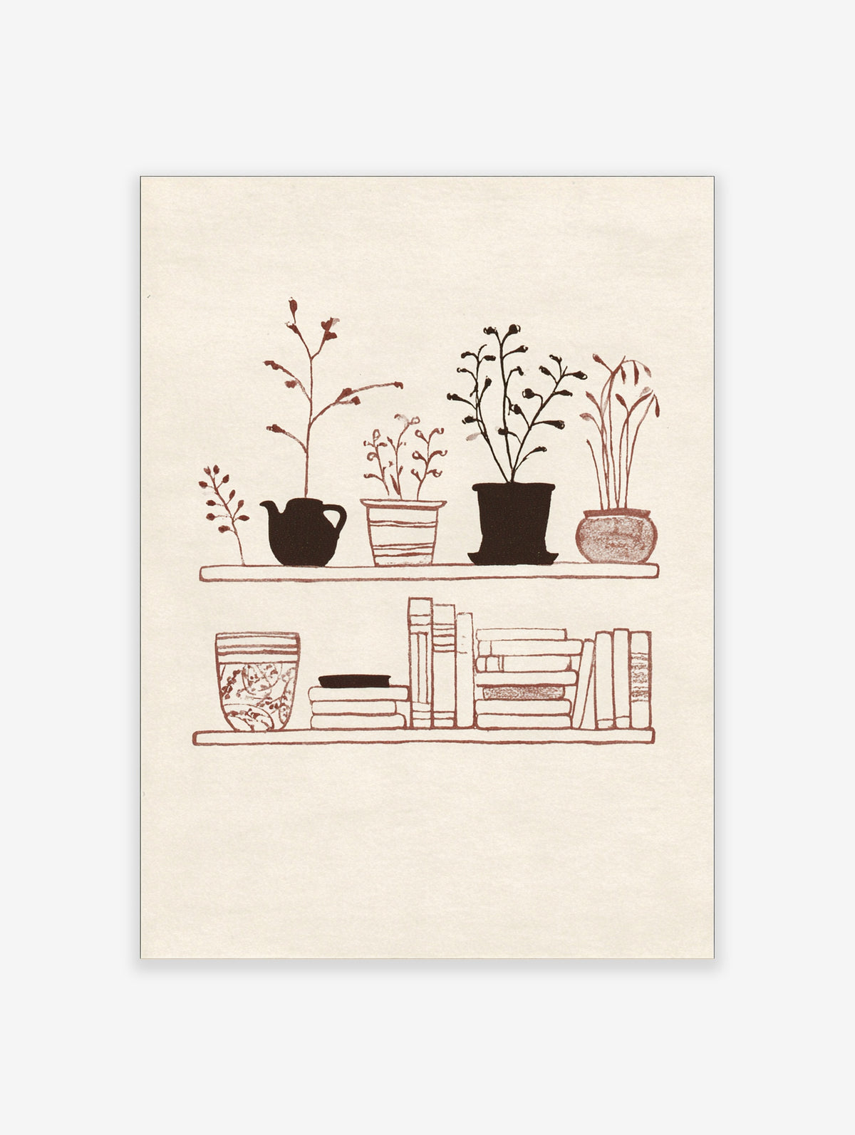 Botanical shelf still life line art print with potted plants, teapot, and books on beige background