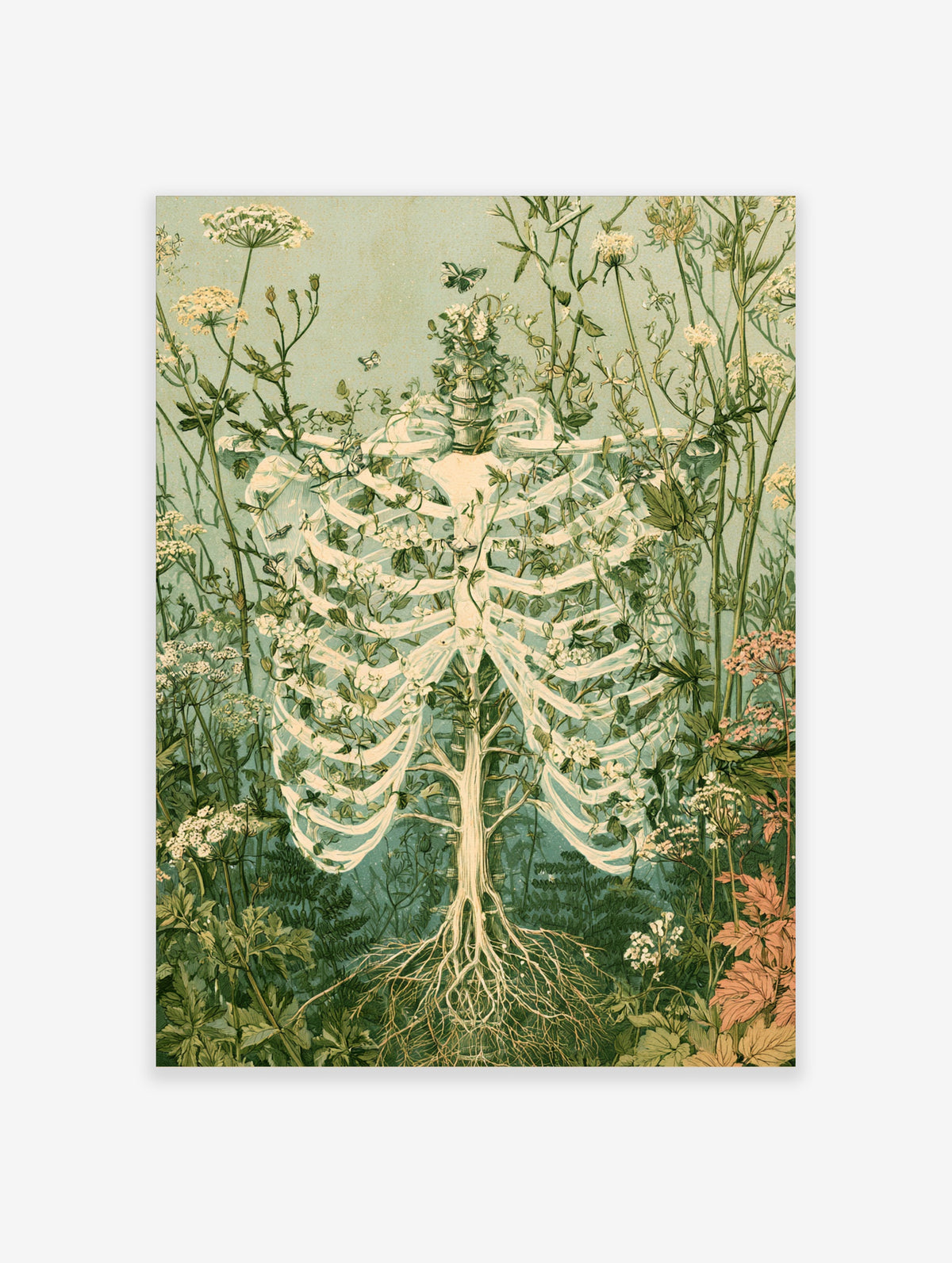 Botanical skeleton tree poster with white ribcage branches, green wildflowers, and butterflies