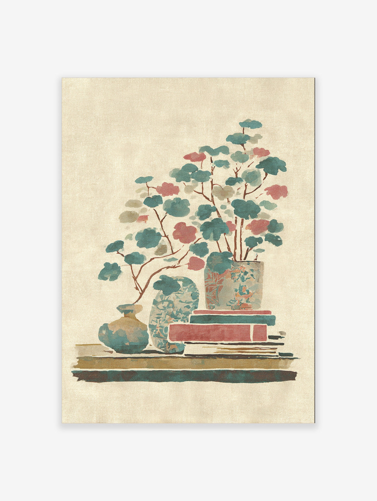 Botanical still life print with teal and red leaves, vases, and books on beige background