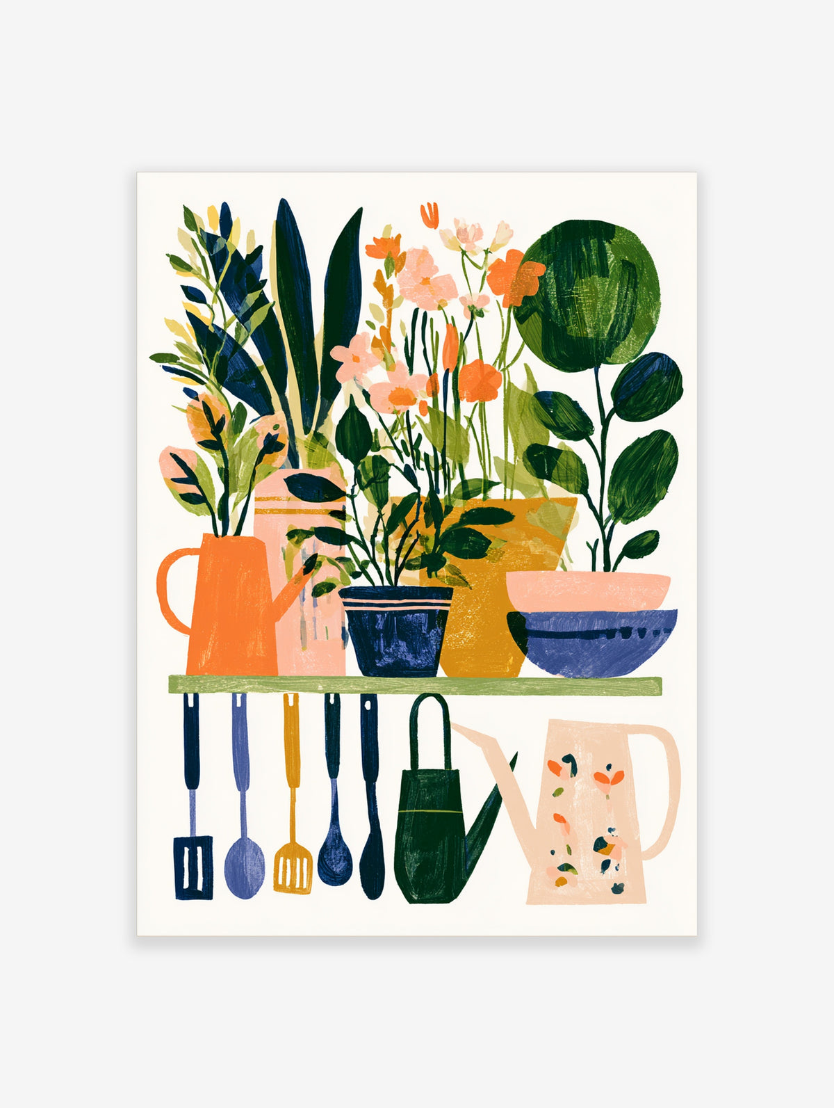 Colourful botanical still life poster with potted plants, watering cans, and garden tools on a shelf